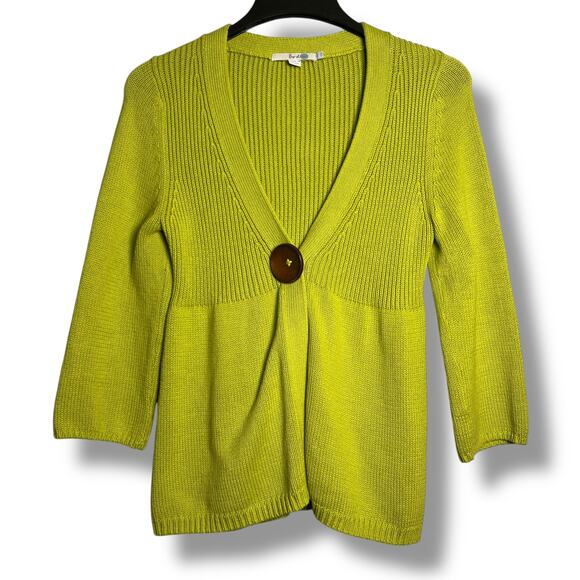 Boden Sweaters - Boden Lime Green Cardigan Size 8 Chunky Knit Wood Button Cotton 3/4 sleeve Boho